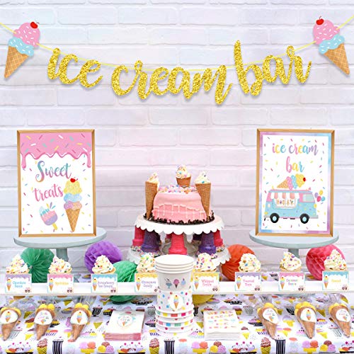 Ice Cream Bar Decorations Kit, Ice Cream Sundae Bar Glitter Banner, Ice Cream Table Sign Food Labels Tents Cup Tag Sticker for Summer Ice Cream Theme Birthday Baby Bridal Shower Wedding Party Supplies