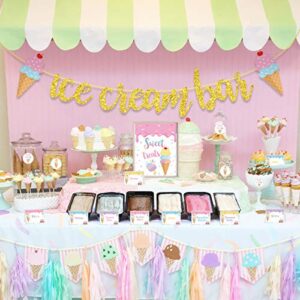 Ice Cream Bar Decorations Kit, Ice Cream Sundae Bar Glitter Banner, Ice Cream Table Sign Food Labels Tents Cup Tag Sticker for Summer Ice Cream Theme Birthday Baby Bridal Shower Wedding Party Supplies