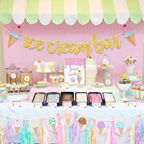 Ice Cream Bar Decorations Kit, Ice Cream Sundae Bar Glitter Banner, Ice Cream Table Sign Food Labels Tents Cup Tag Sticker for Summer Ice Cream Theme Birthday Baby Bridal Shower Wedding Party Supplies