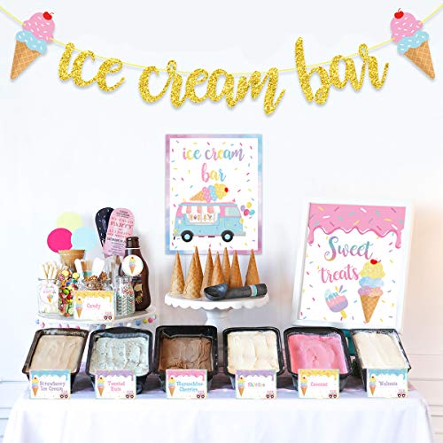 Ice Cream Bar Decorations Kit, Ice Cream Sundae Bar Glitter Banner, Ice Cream Table Sign Food Labels Tents Cup Tag Sticker for Summer Ice Cream Theme Birthday Baby Bridal Shower Wedding Party Supplies