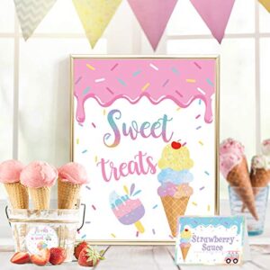 Ice Cream Bar Decorations Kit, Ice Cream Sundae Bar Glitter Banner, Ice Cream Table Sign Food Labels Tents Cup Tag Sticker for Summer Ice Cream Theme Birthday Baby Bridal Shower Wedding Party Supplies