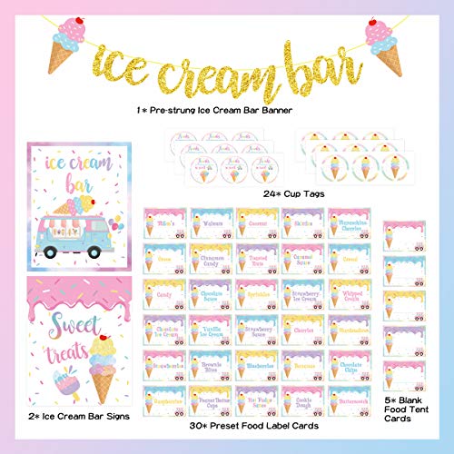 Ice Cream Bar Decorations Kit, Ice Cream Sundae Bar Glitter Banner, Ice Cream Table Sign Food Labels Tents Cup Tag Sticker for Summer Ice Cream Theme Birthday Baby Bridal Shower Wedding Party Supplies