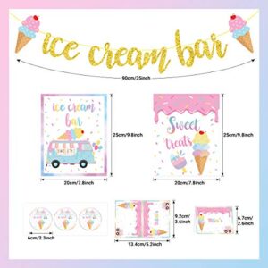 Ice Cream Bar Decorations Kit, Ice Cream Sundae Bar Glitter Banner, Ice Cream Table Sign Food Labels Tents Cup Tag Sticker for Summer Ice Cream Theme Birthday Baby Bridal Shower Wedding Party Supplies