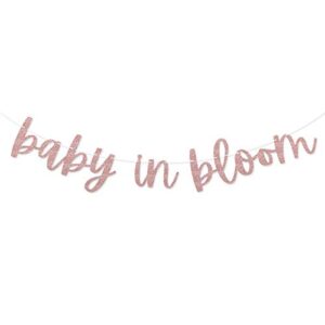 baby in bloom rose gold glitter banner sign garland pre-strung for spring baby shower floral theme baby shower decorations (rose gold)