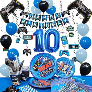 vlipoeasn 10th birthday video game supplies blue 10th birthday decorations for boys, disposable paper plates, napkins, cups, tablecloth, hanging swirls and happy birthday banner for 16 guests