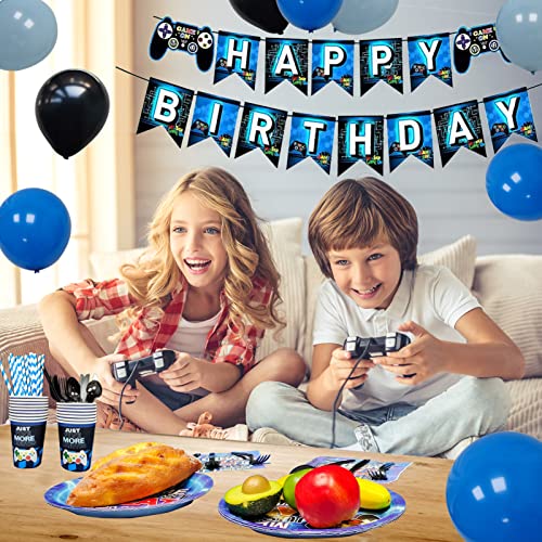 Vlipoeasn 10th Birthday Video Game Supplies Blue 10th Birthday Decorations for Boys, Disposable Paper Plates, Napkins, Cups, Tablecloth, Hanging Swirls and Happy Birthday Banner for 16 Guests