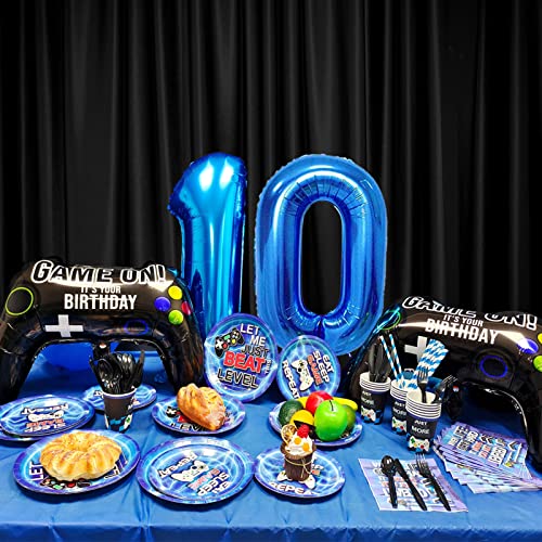 Vlipoeasn 10th Birthday Video Game Supplies Blue 10th Birthday Decorations for Boys, Disposable Paper Plates, Napkins, Cups, Tablecloth, Hanging Swirls and Happy Birthday Banner for 16 Guests