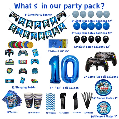 Vlipoeasn 10th Birthday Video Game Supplies Blue 10th Birthday Decorations for Boys, Disposable Paper Plates, Napkins, Cups, Tablecloth, Hanging Swirls and Happy Birthday Banner for 16 Guests