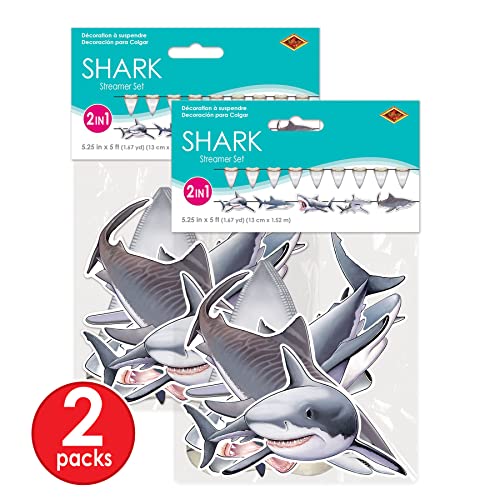 Beistle 4 Piece Shark Banners For Ocean Beach Under The Sea Theme Party Luau Decorations, Birthday Décor, Baby Shower Celebration, 5.25" x 5', Off-White/Gray/Black