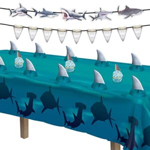 Beistle 4 Piece Shark Banners For Ocean Beach Under The Sea Theme Party Luau Decorations, Birthday Décor, Baby Shower Celebration, 5.25" x 5', Off-White/Gray/Black