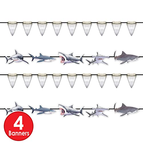 Beistle 4 Piece Shark Banners For Ocean Beach Under The Sea Theme Party Luau Decorations, Birthday Décor, Baby Shower Celebration, 5.25" x 5', Off-White/Gray/Black