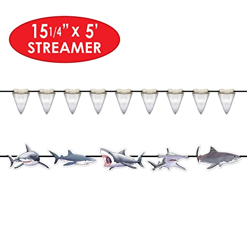 Beistle 4 Piece Shark Banners For Ocean Beach Under The Sea Theme Party Luau Decorations, Birthday Décor, Baby Shower Celebration, 5.25" x 5', Off-White/Gray/Black