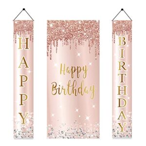 pink rose gold happy birthday door banner decorations for women, happy birthday door cover & porch party supplies, large 16th 21st 30th 40th 50th birthday backdrop decor