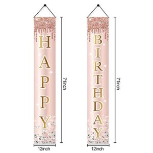 Pink Rose Gold Happy Birthday Door Banner Decorations for Women, Happy Birthday Door Cover & Porch Party Supplies, Large 16th 21st 30th 40th 50th Birthday Backdrop Decor