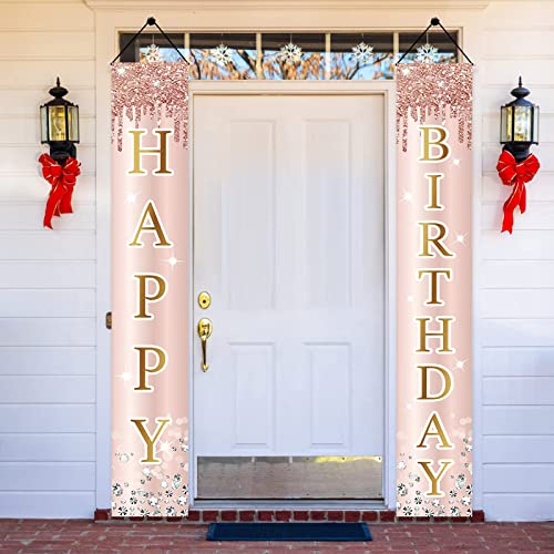 Pink Rose Gold Happy Birthday Door Banner Decorations for Women, Happy Birthday Door Cover & Porch Party Supplies, Large 16th 21st 30th 40th 50th Birthday Backdrop Decor