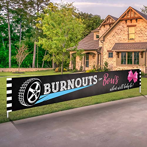 ZDX Burnouts or Bows Gender Reveal Theme Banner With 13 Feet White Rope (118 x 20 inches) Kids Baby Shower Party Banner Decor Photography Backdrops Outdoor & Indoor Hanging Cake Table Supplies Banner