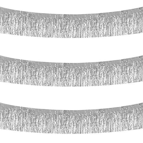 BEISHIDA 3 Packs Metallic Foil Fringe Garland Silver Wall Hanging Tinsel Fringe Banners for Car Parade Floats Bridal Shower Wedding Birthday Easter Graduation Holiday Party Decoration(30 Feet)