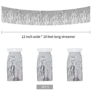 BEISHIDA 3 Packs Metallic Foil Fringe Garland Silver Wall Hanging Tinsel Fringe Banners for Car Parade Floats Bridal Shower Wedding Birthday Easter Graduation Holiday Party Decoration(30 Feet)