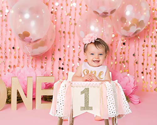 1st Birthday Banner For Baby - Pink Party Theme Pull Flag，highchair Banner - Flag On The Cake, Birthday Banner - Photo Booth Props, Cute Party Favor Supplies (Pink 1st banner)