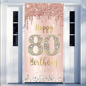 80th birthday door banner decorations for women, pink rose gold happy 80th birthday door cover backdrop party supplies, large 80 year old birthday poster sign decor
