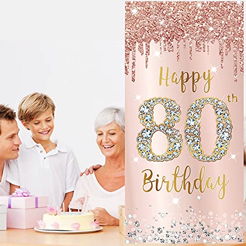 80th Birthday Door Banner Decorations for Women, Pink Rose Gold Happy 80th Birthday Door Cover Backdrop Party Supplies, Large 80 Year Old Birthday Poster Sign Decor