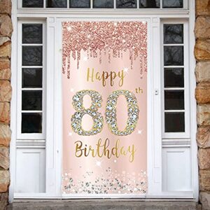 80th Birthday Door Banner Decorations for Women, Pink Rose Gold Happy 80th Birthday Door Cover Backdrop Party Supplies, Large 80 Year Old Birthday Poster Sign Decor
