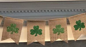 St Patricks Day Garland Decor - Shamrock Glitter Garland Home Decor - St Patricks Day Burlap Banner - Saint Patrick's Day Party Decorations - St Patty's Day Rustic Fireplace Decor by Jolly Jon