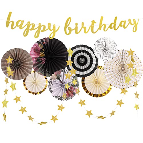 Birthday Decorations, Birthday Decorations for Women and Men Happy Birthday Banners Black Flowers Paper Fans Gold Star Garland for Anniversary Vintage Tea Birthday Party Supplies