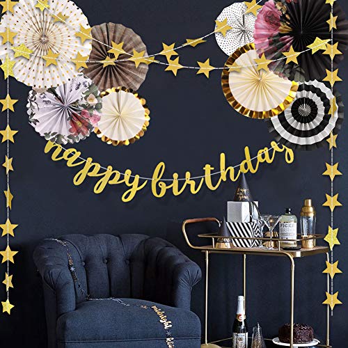 Birthday Decorations, Birthday Decorations for Women and Men Happy Birthday Banners Black Flowers Paper Fans Gold Star Garland for Anniversary Vintage Tea Birthday Party Supplies