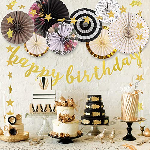 Birthday Decorations, Birthday Decorations for Women and Men Happy Birthday Banners Black Flowers Paper Fans Gold Star Garland for Anniversary Vintage Tea Birthday Party Supplies