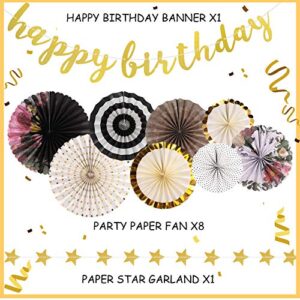 Birthday Decorations, Birthday Decorations for Women and Men Happy Birthday Banners Black Flowers Paper Fans Gold Star Garland for Anniversary Vintage Tea Birthday Party Supplies