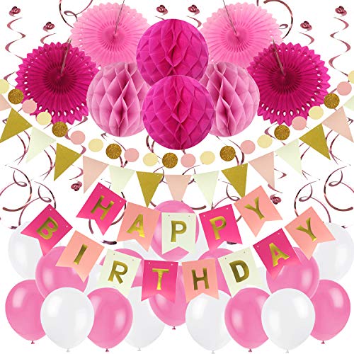 ZERODECO Birthday Party Decoration, Happy Birthday Banner with Paper Fans, Honeycomb Balls, Triangular Pennants, Circle Paper Garland, Hanging Swirls and Balloons - Pink, Rose Red and White