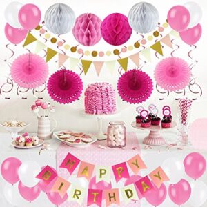 ZERODECO Birthday Party Decoration, Happy Birthday Banner with Paper Fans, Honeycomb Balls, Triangular Pennants, Circle Paper Garland, Hanging Swirls and Balloons - Pink, Rose Red and White