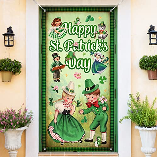 Vintage Happy St. Patrick's Day Door Cover Lucky Green Shamrock Clover St. Patrick 's Day Garland Irish Hanging Banner Decorations for Holiday Party Home Decorations