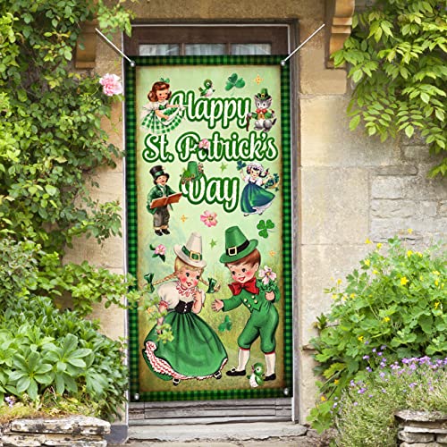 Vintage Happy St. Patrick's Day Door Cover Lucky Green Shamrock Clover St. Patrick 's Day Garland Irish Hanging Banner Decorations for Holiday Party Home Decorations