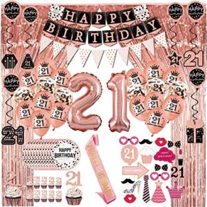 21st birthday decorations for her – (76pack) rose gold party banner, pennant, hanging swirl, birthday balloons, foil backdrops, cupcake topper, plates, photo props, birthday sash for women gift