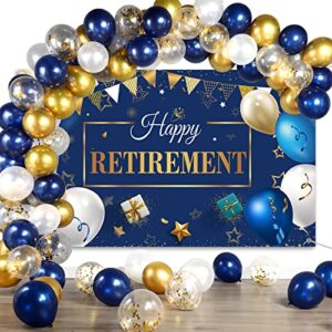 retirement party decorations include navy blue confetti balloons set happy retirement party photography backdrop banner for men women retirement party supplies decor(navy blue and gold)