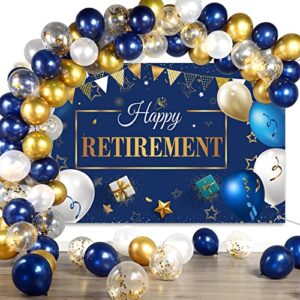 Retirement Party Decorations Include Navy Blue Confetti Balloons Set Happy Retirement Party Photography Backdrop Banner for Men Women Retirement Party Supplies Decor(Navy Blue and Gold)