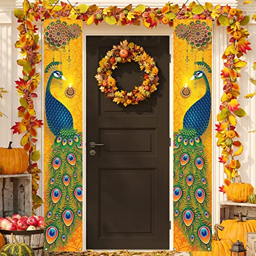 Happy Diwali Porch Banner Indian Diwali Peacock Front Porch Welcome Sign Deepawali Indian Festival of Lights Decorations-12×71''