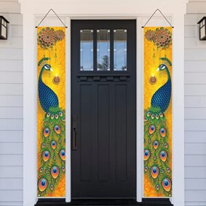 Happy Diwali Porch Banner Indian Diwali Peacock Front Porch Welcome Sign Deepawali Indian Festival of Lights Decorations-12×71''