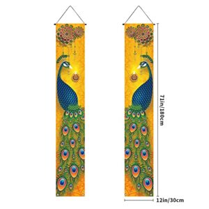Happy Diwali Porch Banner Indian Diwali Peacock Front Porch Welcome Sign Deepawali Indian Festival of Lights Decorations-12×71''
