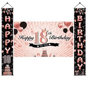 luxiocio happy 18th birthday banner decorations supplies for girls – rose gold happy 18th birthday porch sign & backdrop – 18 year old birthday party background decorations for indoor outdoor