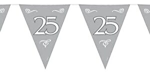 Bunting Silver 25th Anniversary 10 metres, 15 Triangle flags each flag measures approx. 30x22cms. Plastic