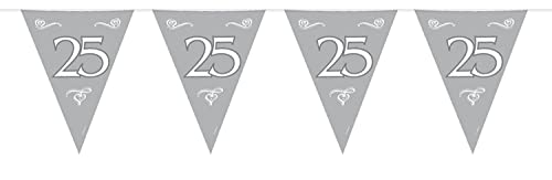 Bunting Silver 25th Anniversary 10 metres, 15 Triangle flags each flag measures approx. 30x22cms. Plastic