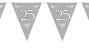 Bunting Silver 25th Anniversary 10 metres, 15 Triangle flags each flag measures approx. 30x22cms. Plastic