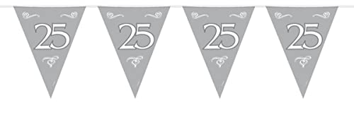 Bunting Silver 25th Anniversary 10 metres, 15 Triangle flags each flag measures approx. 30x22cms. Plastic