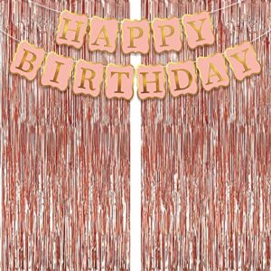 huge, rose gold backdrop for birthday – pack of 3 | rose gold fringe curtain with peach happy birthday banner | rose gold streamers | rose gold happy birthday banner | rose gold birthday decorations