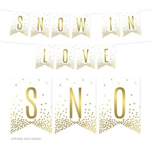 andaz press metallic gold confetti polka dots on white winter wedding party banner decorations, snow in love, approx 5-feet, 1-set, colored themed hanging pennant decor