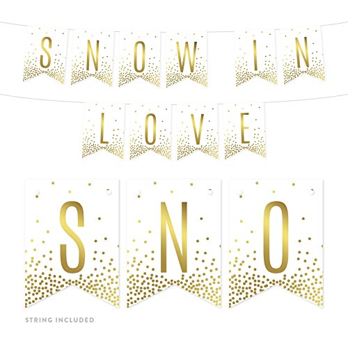 Andaz Press Metallic Gold Confetti Polka Dots on White Winter Wedding Party Banner Decorations, Snow in Love, Approx 5-Feet, 1-Set, Colored Themed Hanging Pennant Decor