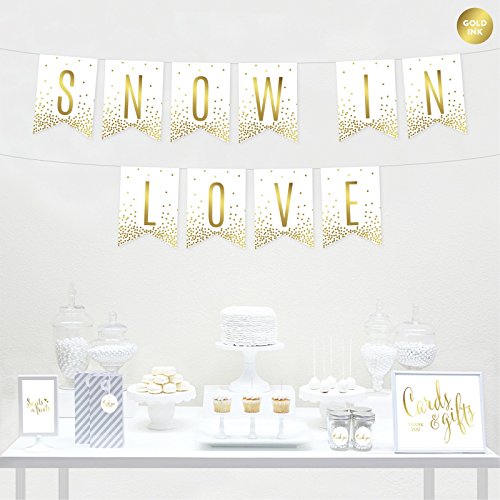 Andaz Press Metallic Gold Confetti Polka Dots on White Winter Wedding Party Banner Decorations, Snow in Love, Approx 5-Feet, 1-Set, Colored Themed Hanging Pennant Decor